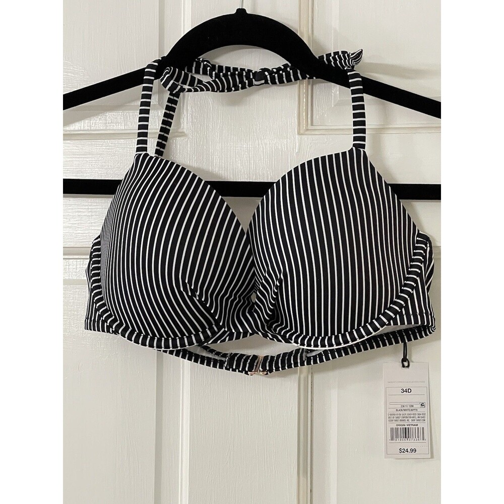 Shade & Shore Twist-Front Bikini Top Black White Stripe Womens 34D Halter NWT